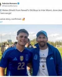 罗马诺确认：迈阿密国际成功签下纽维尔老男孩新星边锋西尔维蒂，年仅19岁
